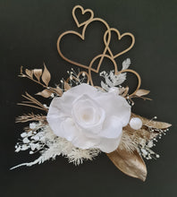 Load image into Gallery viewer, Double Preserved flowers white &amp; gold cake topper w hearts – Wedding, engagement, anniversary
