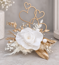 Load image into Gallery viewer, Double Preserved flowers white &amp; gold cake topper w hearts – Wedding, engagement, anniversary
