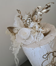 Load image into Gallery viewer, Double Preserved flowers white &amp; gold cake topper w hearts – Wedding, engagement, anniversary

