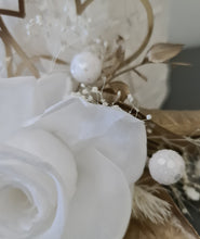 Load image into Gallery viewer, Double Preserved flowers white &amp; gold cake topper w hearts – Wedding, engagement, anniversary

