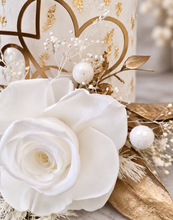 Load image into Gallery viewer, Double Preserved flowers white &amp; gold cake topper w hearts – Wedding, engagement, anniversary
