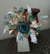 Load image into Gallery viewer, Everlasting flowers Floral cake topper – emerald, gold &amp; white
