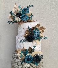 Load image into Gallery viewer, Triple floral cake topper - emerald green &amp; champagne gold glitter
