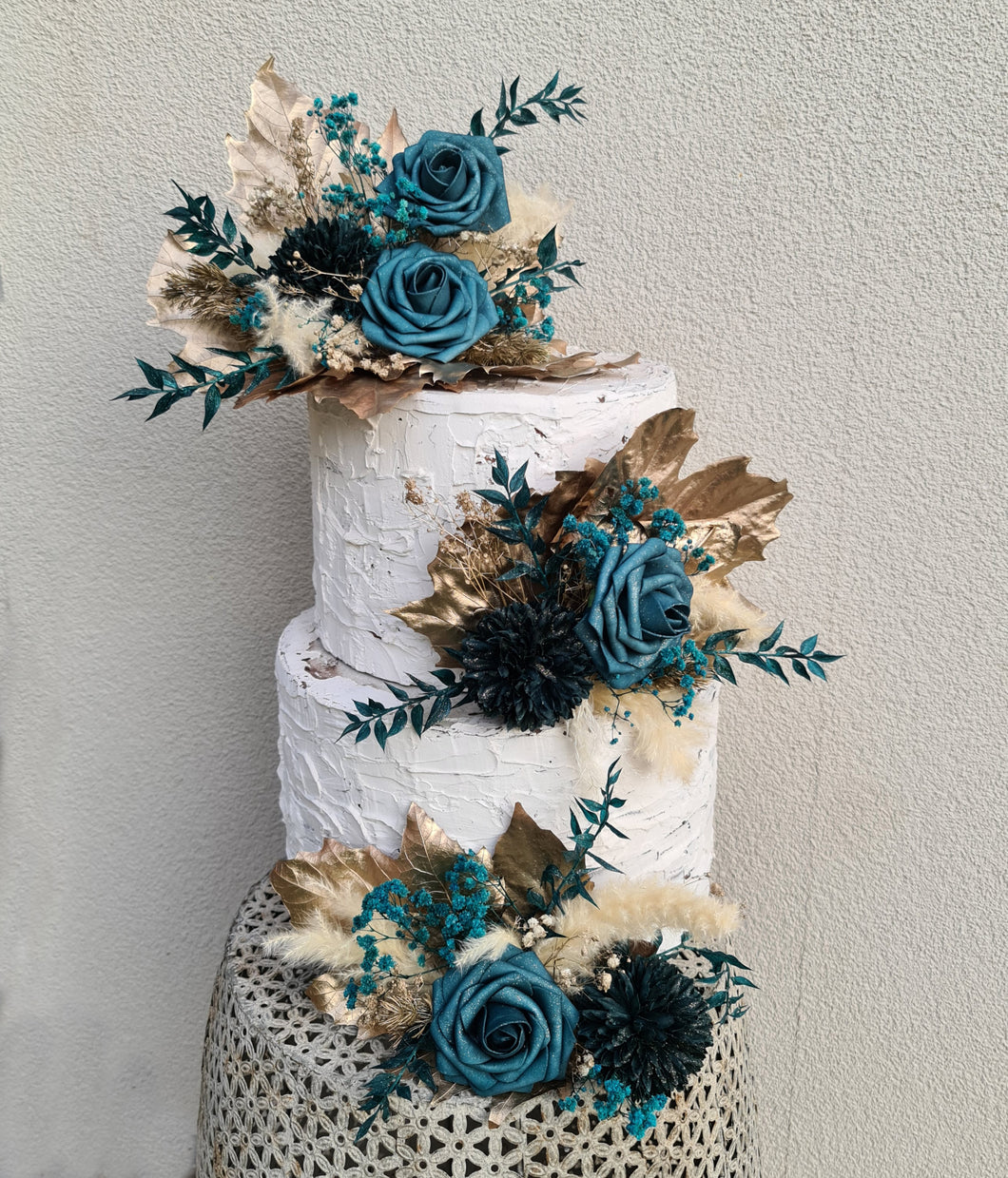 Triple floral cake topper - emerald green & champagne gold glitter