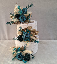 Load image into Gallery viewer, Triple floral cake topper - emerald green &amp; champagne gold glitter
