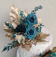 Load image into Gallery viewer, Triple floral cake topper - emerald green &amp; champagne gold glitter
