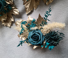 Load image into Gallery viewer, Triple floral cake topper - emerald green &amp; champagne gold glitter
