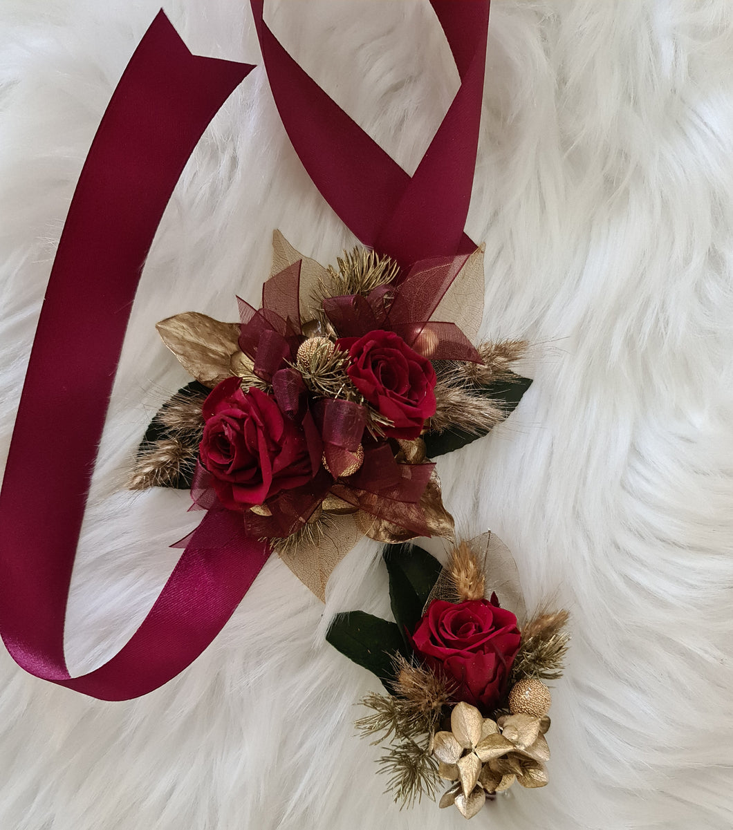Burgundy, gold & green preserved corsage & buttonhole - School formal