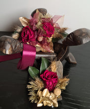 Load image into Gallery viewer, Burgundy, gold &amp; green preserved corsage &amp; buttonhole - School formal
