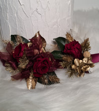 Load image into Gallery viewer, Burgundy, gold &amp; green preserved corsage &amp; buttonhole - School formal
