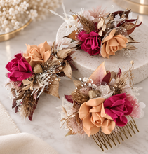 Load image into Gallery viewer, Burgundy, gold &amp; neutral Bangle corsage, pocket flowers and hair comb set - School formal
