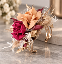 Load image into Gallery viewer, Burgundy, gold &amp; neutral Bangle corsage, pocket flowers and hair comb set - School formal
