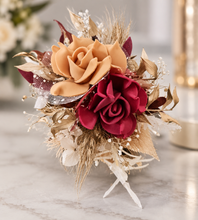Load image into Gallery viewer, Burgundy, gold &amp; neutral Bangle corsage, pocket flowers and hair comb set - School formal
