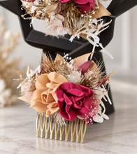 Load image into Gallery viewer, Burgundy, gold &amp; neutral Bangle corsage, pocket flowers and hair comb set - School formal
