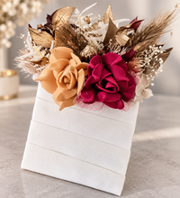 Load image into Gallery viewer, Burgundy, gold &amp; neutral Bangle corsage, pocket flowers and hair comb set - School formal
