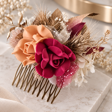 Load image into Gallery viewer, Burgundy, gold &amp; neutral Bangle corsage, pocket flowers and hair comb set - School formal
