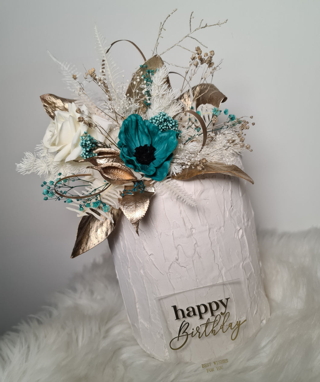 Emerald anemone, gold & neutral Happy Birthday floral cake topper