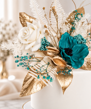 Load image into Gallery viewer, Emerald anemone, gold &amp; neutral Happy Birthday floral cake topper
