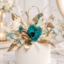 Load image into Gallery viewer, Emerald anemone, gold &amp; neutral Happy Birthday floral cake topper
