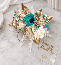 Load image into Gallery viewer, Emerald anemone, gold &amp; neutral Happy Birthday floral cake topper

