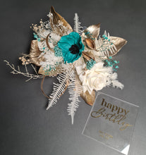 Load image into Gallery viewer, Emerald anemone, gold &amp; neutral Happy Birthday floral cake topper
