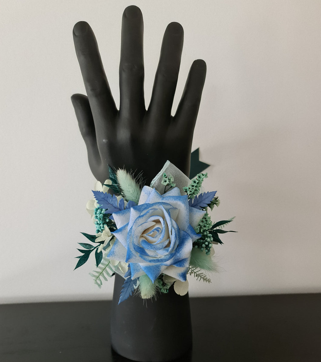 Everlasting flowers school formal / prom corsage – mint, white & blue
