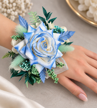 Load image into Gallery viewer, Everlasting flowers school formal / prom corsage – mint, white &amp; blue
