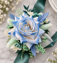 Load image into Gallery viewer, Everlasting flowers school formal / prom corsage – mint, white &amp; blue
