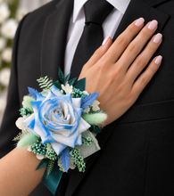 Load image into Gallery viewer, Everlasting flowers school formal / prom corsage – mint, white &amp; blue
