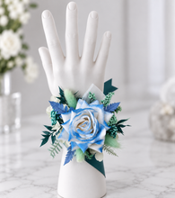 Load image into Gallery viewer, Everlasting flowers school formal / prom corsage – mint, white &amp; blue
