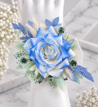 Load image into Gallery viewer, Everlasting flowers school formal / prom corsage &amp; buttonhole – mint, white &amp; blue
