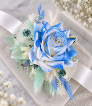 Load image into Gallery viewer, Everlasting flowers school formal / prom corsage &amp; buttonhole – mint, white &amp; blue
