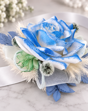 Load image into Gallery viewer, Everlasting flowers school formal / prom corsage &amp; buttonhole – mint, white &amp; blue
