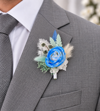Load image into Gallery viewer, Everlasting flowers school formal / prom corsage &amp; buttonhole – mint, white &amp; blue
