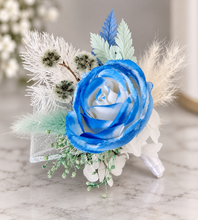 Load image into Gallery viewer, Everlasting flowers school formal / prom corsage &amp; buttonhole – mint, white &amp; blue
