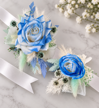 Load image into Gallery viewer, Everlasting flowers school formal / prom corsage &amp; buttonhole – mint, white &amp; blue
