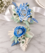 Load image into Gallery viewer, Everlasting flowers school formal / prom corsage &amp; buttonhole – mint, white &amp; blue
