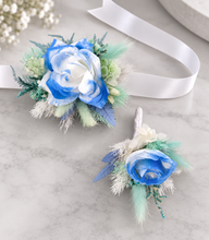 Load image into Gallery viewer, Mint, white &amp; blue School formal / prom Corsage &amp; buttonhole set
