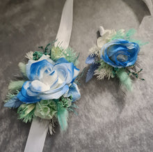Load image into Gallery viewer, Mint, white &amp; blue School formal / prom Corsage &amp; buttonhole set
