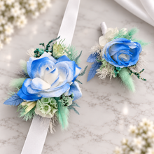 Load image into Gallery viewer, Mint, white &amp; blue School formal / prom Corsage &amp; buttonhole set
