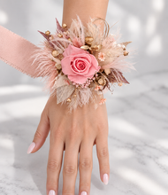 Load image into Gallery viewer, Mini preserved rose peach/pink School formal / prom Corsage &amp; buttonhole set
