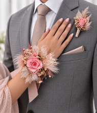 Load image into Gallery viewer, Mini preserved rose peach/pink School formal / prom Corsage &amp; buttonhole set
