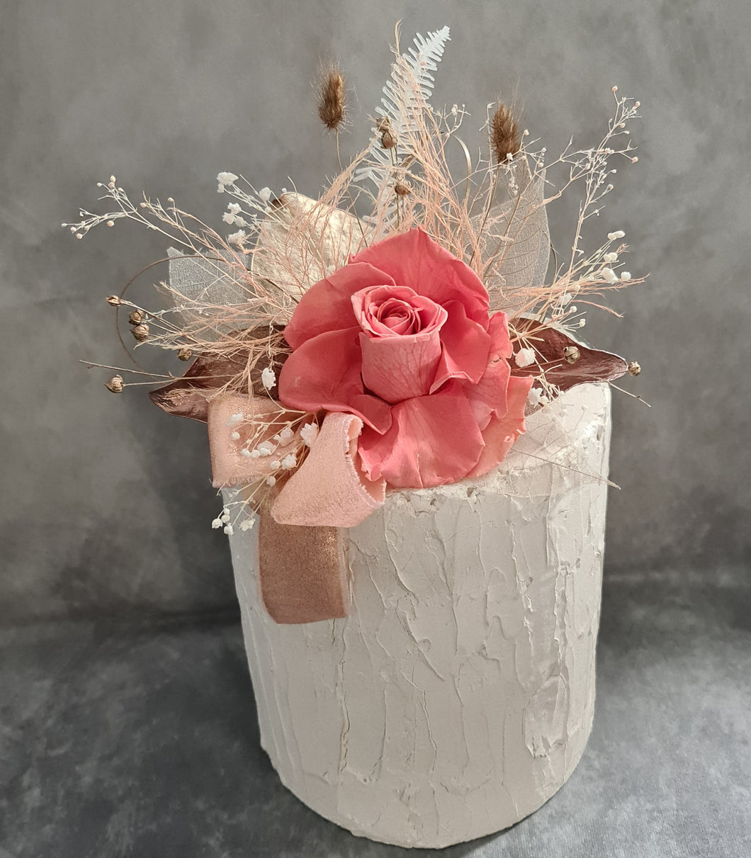 Elegant pink/peach preserved rose cake topper w skeleton & champagne leaves