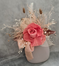 Load image into Gallery viewer, Elegant pink/peach preserved rose cake topper w skeleton &amp; champagne leaves
