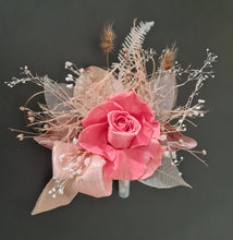 Load image into Gallery viewer, Elegant pink/peach preserved rose cake topper w skeleton &amp; champagne leaves
