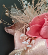 Load image into Gallery viewer, Elegant pink/peach preserved rose cake topper w skeleton &amp; champagne leaves
