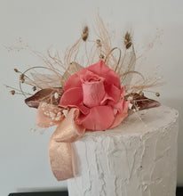 Load image into Gallery viewer, Elegant pink/peach preserved rose cake topper w skeleton &amp; champagne leaves
