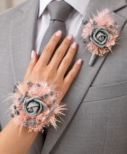 Load image into Gallery viewer, Everlasting flowers school formal / prom corsage &amp; buttonhole set - pink &amp; silver bling
