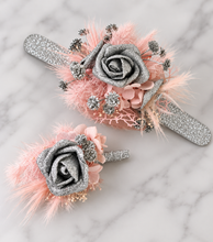 Load image into Gallery viewer, Everlasting flowers school formal / prom corsage &amp; buttonhole set - pink &amp; silver bling
