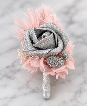 Load image into Gallery viewer, Everlasting flowers school formal / prom corsage &amp; buttonhole set - pink &amp; silver bling
